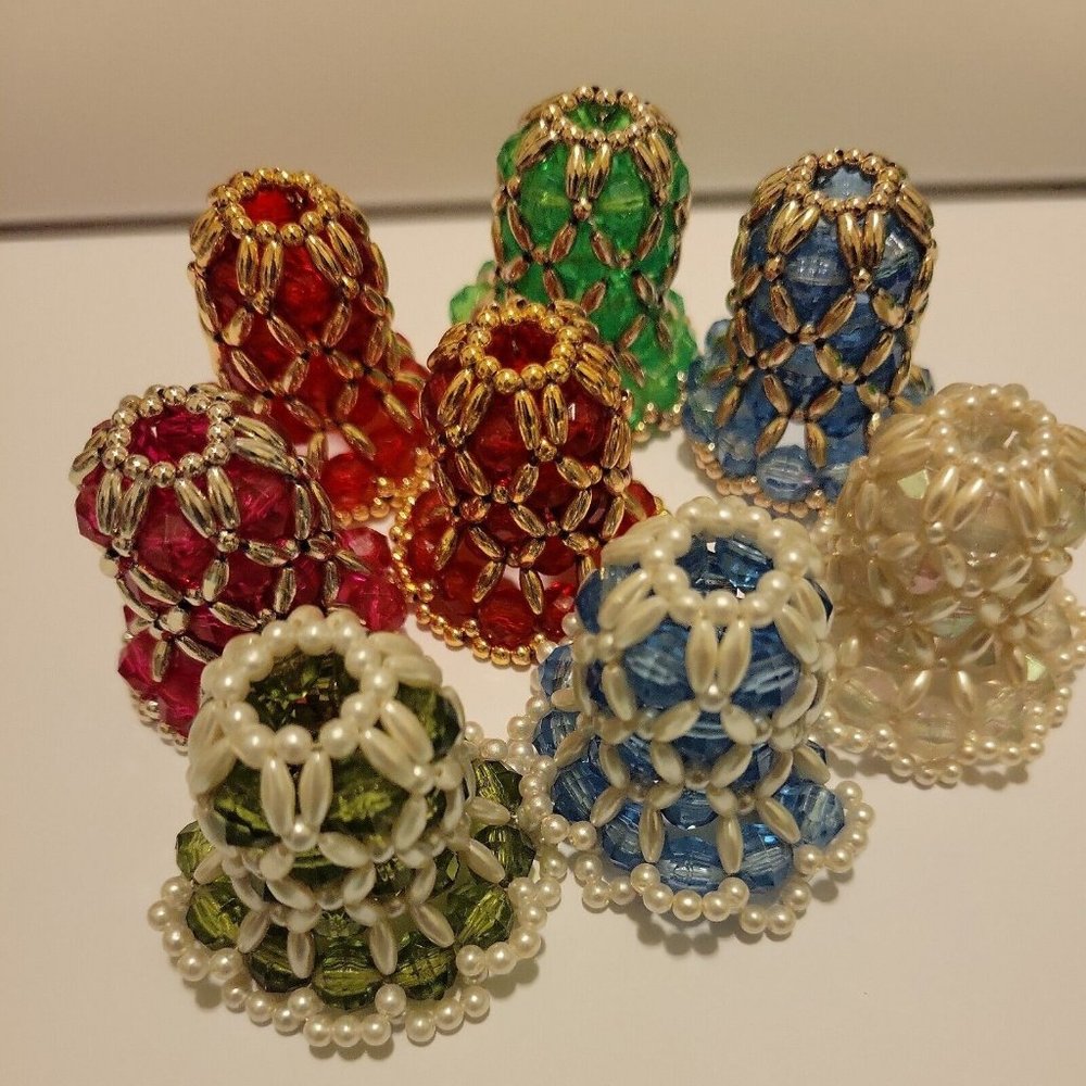 8 Vintage 1980's Pearl Beaded Handmade BELL CHRISTMAS ORNAMENTS green blue red - Picture 1 of 7